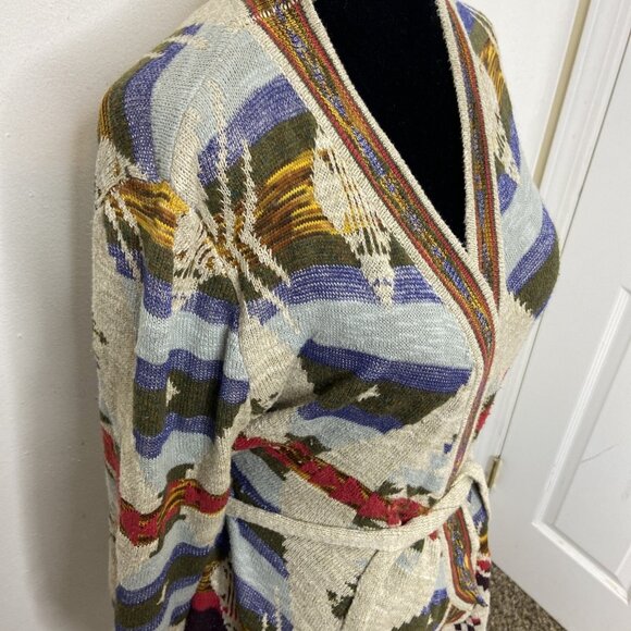 Desigual Woman L Southwestern Open Cardigan Sweater Robe Belted Aztec - Picture 3 of 9